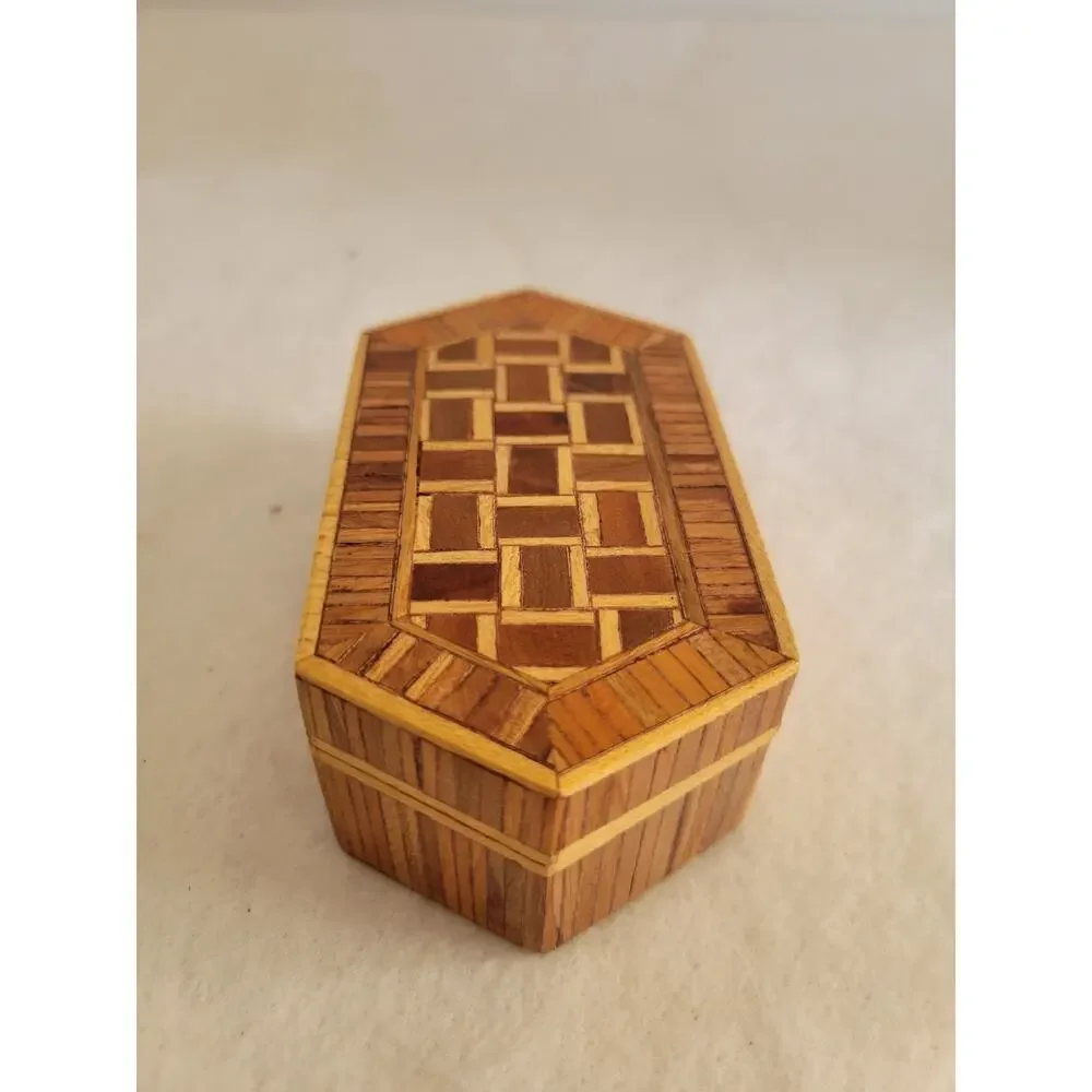 Vintage Octagon Wood Inlay Jewelry‎ Trinket Box Geometric Mosaic Pattern